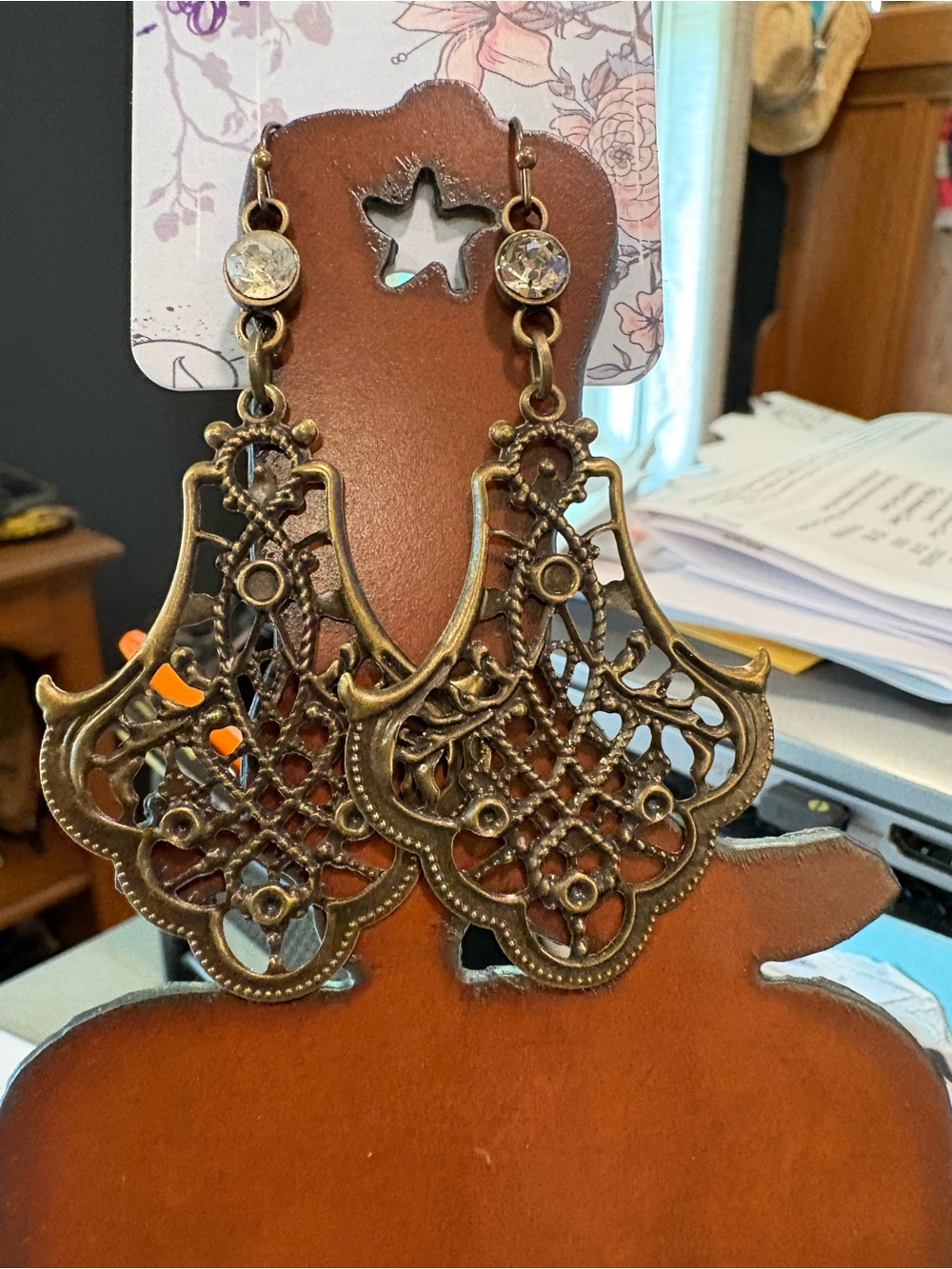 Antique Brass Filigree Dangle Earrings with Crystal Accent